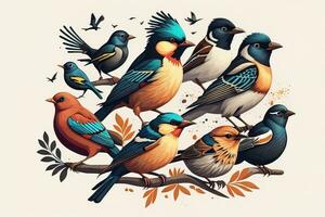 vecteur illustration de une groupe de coloré des oiseaux séance sur une branche. ai génératif photo