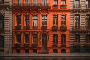 coloré les fenêtres de une typique maison dans le ville, ai génératif photo