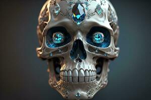crâne avec bleu pierres précieuses. ai génératif photo