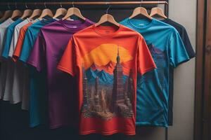 coloré t-shirts dans de face de foncé Contexte. ai génératif photo