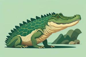 crocodile sur vert Contexte. vecteur illustration dans rétro style. ai génératif photo