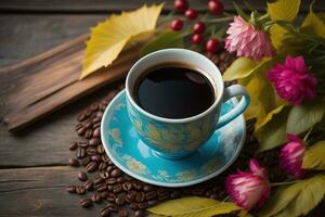 café tasse et café des haricots sur une en bois tableau, Haut voir. ai génératif photo