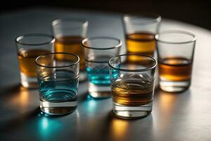 des lunettes de whisky sur une en bois table dans une pub ou restaurant. ai génératif photo