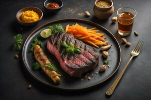 tranché du boeuf steak avec persil sur une plaque. ai génératif photo