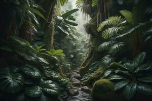 une sentier dans tropical forêt tropicale avec paume des arbres et chemin dans le brume. ai génératif photo