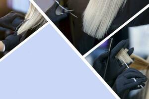 collage. une coiffeur dans caoutchouc gants détient une paire de les ciseaux photo