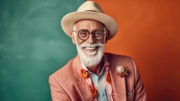 Beau personnes âgées homme avec gris cheveux et barbe portant des lunettes dans une chapeau. génératif ai photo