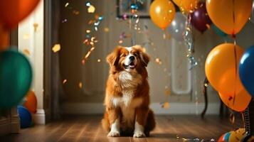 le chien est célébrer une anniversaire. chiot à Accueil décoré avec des ballons. photo