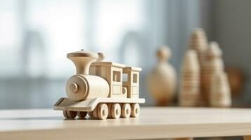 enfants jouet en bois train sur une flou Contexte de le enfants chambre. écologique éducatif jouets. copie espace. photo