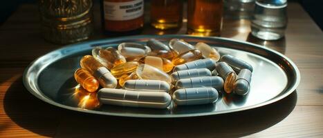 le pharmaceutique drogue-médecine pilules capsules dans argent plateau. utilisé pour soulager maladie, nourriture supplément, Haut voir, ai génératif photo