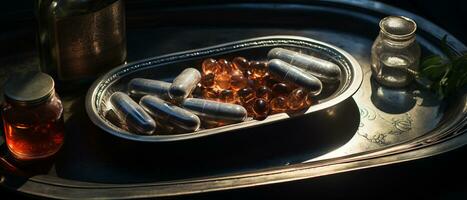 le pharmaceutique drogue-médecine pilules capsules dans argent plateau. utilisé pour soulager maladie, nourriture supplément, Haut vue photo