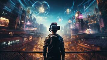 Jeune génération portant vr casque immerger dans Jeu simulateur-métaverse et fantaisie monde, futuriste La technologie abstrait forme, ai génératif photo