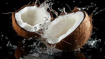 moitiés de une noix de coco avec l'eau éclaboussure isolé sur arrière-plan, en bonne santé tropical nourriture, ai génératif photo