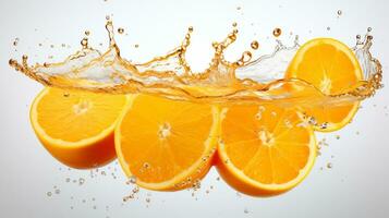 Frais juteux Orange fruit avec l'eau éclaboussure isolé sur arrière-plan, en bonne santé fruit, ai génératif photo