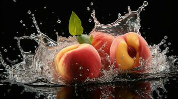 Frais juteux pêche fruit avec l'eau éclaboussure isolé sur arrière-plan, en bonne santé fruit, ai génératif photo