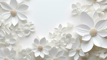 blanc papier fleurs arrière-plan, mariage décoration, de mariée bouquet, salutation carte modèle, copie espace, ai génératif photo