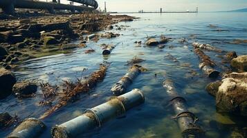 contaminé l'eau concept, sale l'eau les flux de le tuyau dans le rivière, mer, l'eau pollution, environnement contamination photo