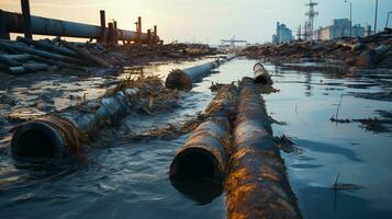 contaminé l'eau concept, sale l'eau les flux de le tuyau dans le rivière, l'eau pollution, environnement contamination, ai génératif photo