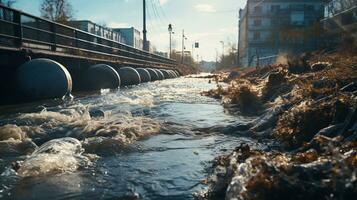 contaminé l'eau concept, sale l'eau les flux de le tuyau dans le rivière, l'eau pollution, environnement contamination, ai génératif photo