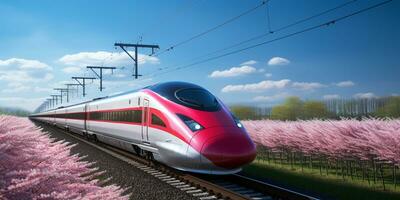 haute vitesse rail train voyage, vite moderne transport, futuriste La technologie concept, ai génératif photo