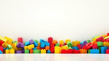 coloré Plastique briques pour enfant, tout-petit, éducation et apprentissage, jouet boutique, plat poser, copie espace sur blanc arrière-plan, ai génératif photo