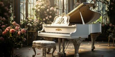 proche en haut de un élégant grandiose piano avec chaud lumière du soleil, luxe, romantique paysage, la musique instrument, ai génératif photo