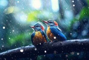 une paire de magnifique des oiseaux dans le forêt avec gouttes de pluie et la nature flou Contexte. génératif ai photo