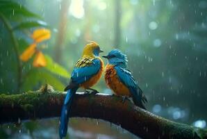 une paire de magnifique des oiseaux dans le forêt avec gouttes de pluie et la nature flou Contexte. génératif ai photo