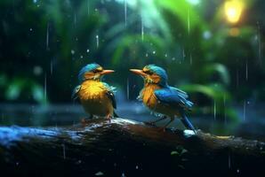 une paire de magnifique des oiseaux dans le forêt avec gouttes de pluie et la nature flou Contexte. génératif ai photo