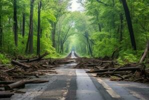 vue de un asphalte route dans le milieu de une forêt avec des arbres s'effondrer dû à une Naturel catastrophe. génératif ai photo