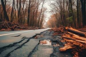 vue de un asphalte route dans le milieu de une forêt avec des arbres s'effondrer dû à une Naturel catastrophe. génératif ai photo