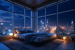 appartement chambre avec magnifique ville nuit vue de le la fenêtre. génératif ai photo