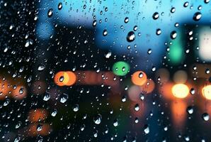 verre Contexte avec gouttes de pluie et rue lumières à nuit. génératif ai photo