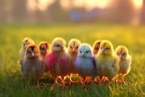 une groupe de mignonne poussins dans une vert herbe jardin avec flou Soleil lumière Contexte. génératif ai photo