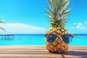 été concept mignonne ananas fruit avec des lunettes sur en bois table avec plage Contexte et clair bleu ciel. génératif ai photo