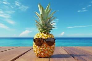 été concept mignonne ananas fruit avec des lunettes sur en bois table avec plage Contexte et clair bleu ciel. génératif ai photo