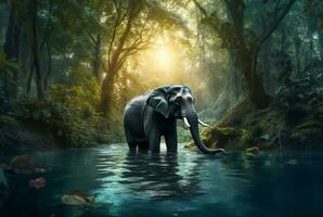 l'éléphant dans le rivière dans le milieu de le forêt. génératif ai photo