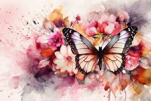 beau papillon avec fleurs, aquarelle dessin. génératif ai photo
