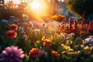 fleur jardin avec magnifique lever du soleil dans le Matin. génératif ai photo