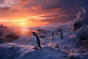 pingouins en jouant dans le neige avec le beauté de le le coucher du soleil. génératif ai photo
