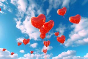 rouge l'amour des ballons dans le air contre une bleu ciel. génératif ai photo