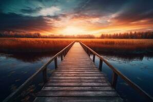 en bois pont plus de le Lac avec magnifique le coucher du soleil. génératif ai photo