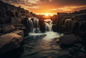 le beauté de le cascade avec le lever du soleil dans le matin, longue exposition. génératif ai photo