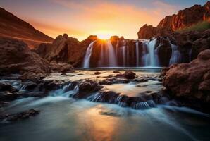 le beauté de le cascade avec le lever du soleil dans le matin, longue exposition. génératif ai photo