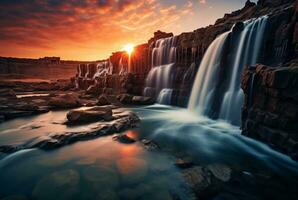 le beauté de le cascade avec le lever du soleil dans le matin, longue exposition. génératif ai photo