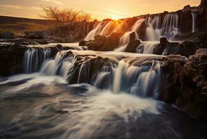 le beauté de le cascade avec le lever du soleil dans le matin, longue exposition. génératif ai photo