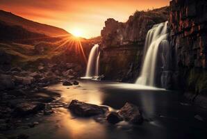 le beauté de le cascade avec le lever du soleil dans le matin, longue exposition. génératif ai photo