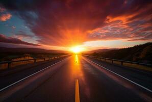 vue de asphalte route avec magnifique le coucher du soleil dans le soir. génératif ai photo