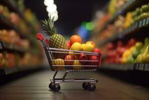 miniature achats Chariot avec roues rempli avec Frais des fruits sur en bois table avec flou Contexte dans supermarché. génératif ai photo