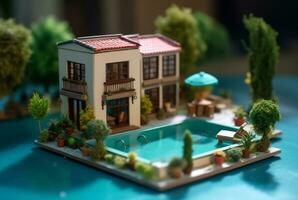 miniature luxe maison avec nager bassin. génératif ai photo
